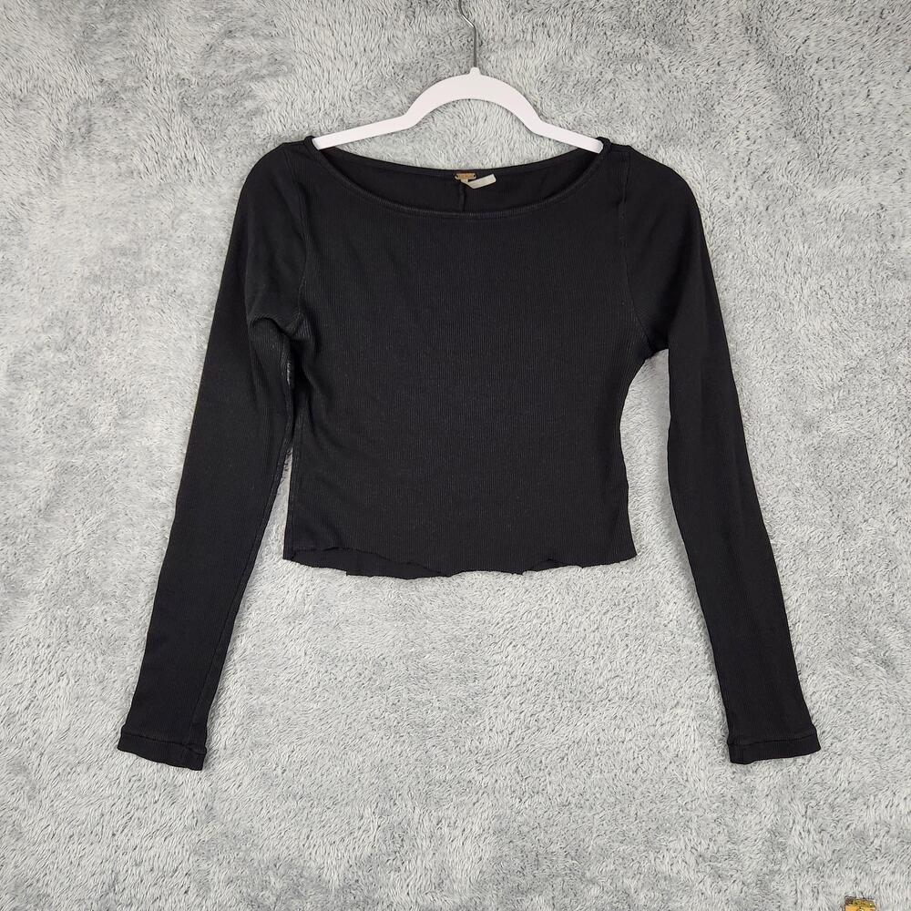 Free People Shirt Womens Medium Black Ribbed Scoop Neck Cropped Fairy Grunge